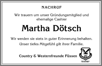 Traueranzeige von Martha Dötsch von Allgäuer Zeitung, Füssen