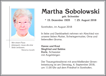 Traueranzeige von Martha Sobolowski von Allgäuer Anzeigeblatt