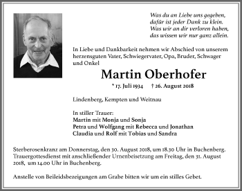 Traueranzeige von Martin Oberhofer von Allgäuer Zeitung,Kempten