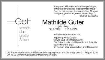 Traueranzeige von Mathilde Guter von Memminger Zeitung