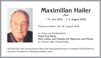 Traueranzeige von Maximilian Hailer von Allgäuer Anzeigeblatt