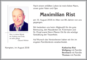 Traueranzeige von Maximilian Rist von Allgäuer Zeitung,Kempten