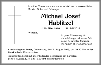 Traueranzeige von Michael Josef Hablitzel von Allgäuer Zeitung,Kempten