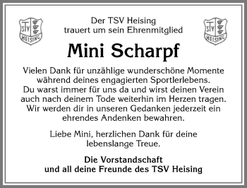Traueranzeige von Mini Scharpf von Allgäuer Zeitung,Kempten