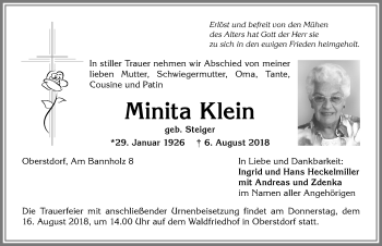 Traueranzeige von Minita Klein von Allgäuer Anzeigeblatt