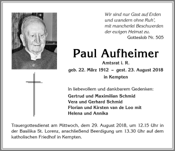 Traueranzeige von Paul Aufheimer von Allgäuer Zeitung,Kempten