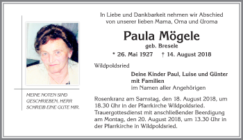 Traueranzeige von Paula Mögele von Allgäuer Zeitung,Kempten