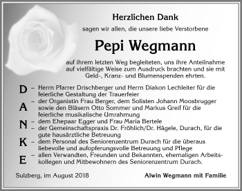 Traueranzeige von Pepi Wegmann von Allgäuer Zeitung,Kempten