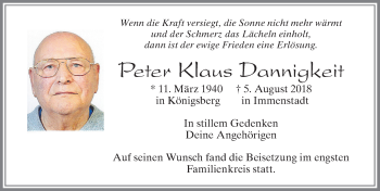 Traueranzeige von Peter Klaus Dannigkeit von Allgäuer Zeitung, Marktoberdorf