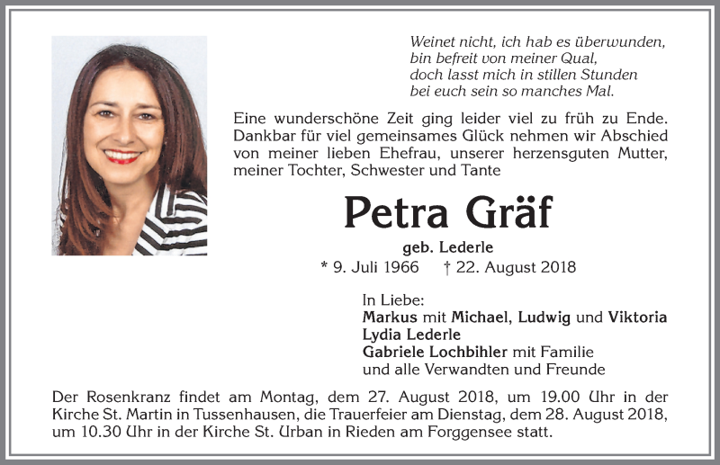 Traueranzeige für Petra Gräf vom 25.08.2018 aus Allgäuer Zeitung, Füssen