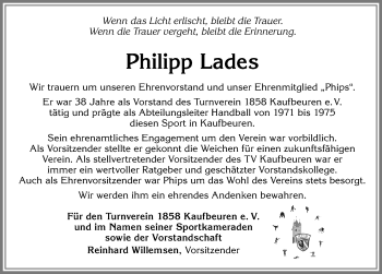 Traueranzeige von Philipp Lades von Allgäuer Zeitung, Kaufbeuren/Buchloe