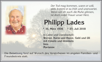 Traueranzeige von Philipp Lades von Allgäuer Zeitung, Kaufbeuren/Buchloe