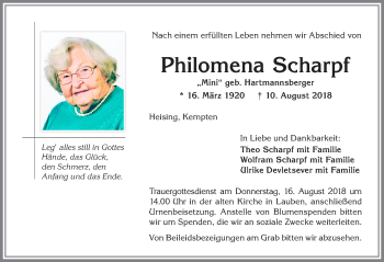 Traueranzeige von Philomena Scharpf von Allgäuer Zeitung,Kempten