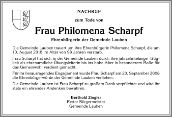 Traueranzeige von Philomena Scharpf von Allgäuer Zeitung,Kempten