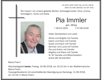 Traueranzeige von Pia Immler von Der Westallgäuer