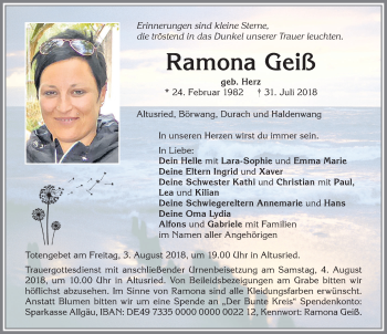 Traueranzeige von Ramona Geiß von Allgäuer Zeitung,Kempten