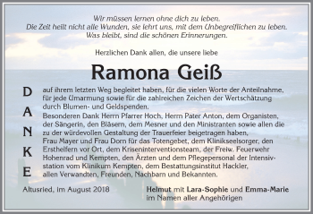Traueranzeige von Ramona Geiß von Allgäuer Zeitung,Kempten