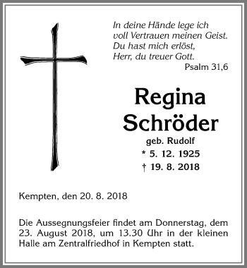 Traueranzeige von Regina Schröder von Allgäuer Zeitung,Kempten