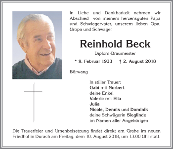 Traueranzeige von Reinhold Beck von Allgäuer Zeitung,Kempten
