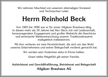 Traueranzeige von Reinhold Beck von Allgäuer Zeitung,Kempten