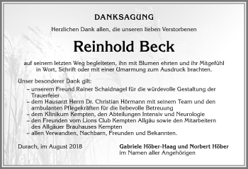 Traueranzeige von Reinhold Beck von Allgäuer Zeitung,Kempten