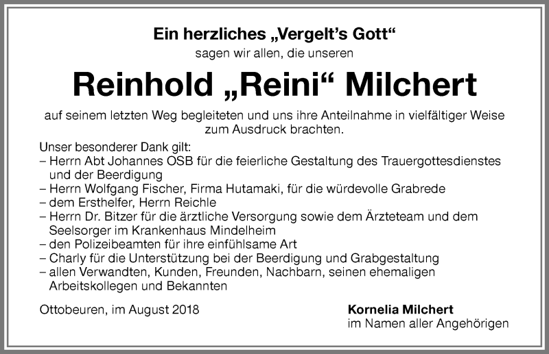  Traueranzeige für Reinhold Milchert vom 10.08.2018 aus Memminger Zeitung