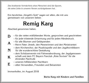 Traueranzeige von Remig Karg von Allgäuer Zeitung, Marktoberdorf