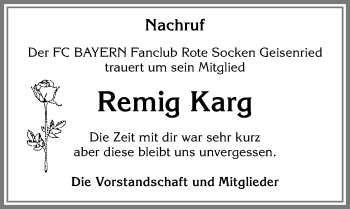 Traueranzeige von Remig Karg von Allgäuer Zeitung, Marktoberdorf