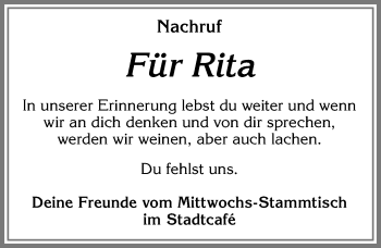 Traueranzeige von Rita  von Allgäuer Zeitung, Kaufbeuren/Buchloe