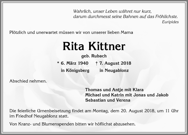 Traueranzeige für Rita Kittner vom 11.08.2018 aus Allgäuer Zeitung, Kaufbeuren/Buchloe