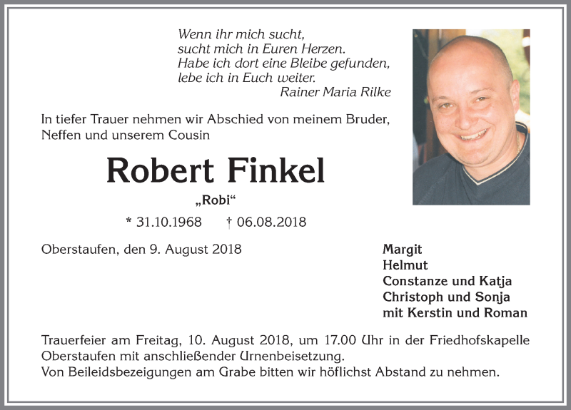  Traueranzeige für Robert Finkel vom 09.08.2018 aus Allgäuer Anzeigeblatt