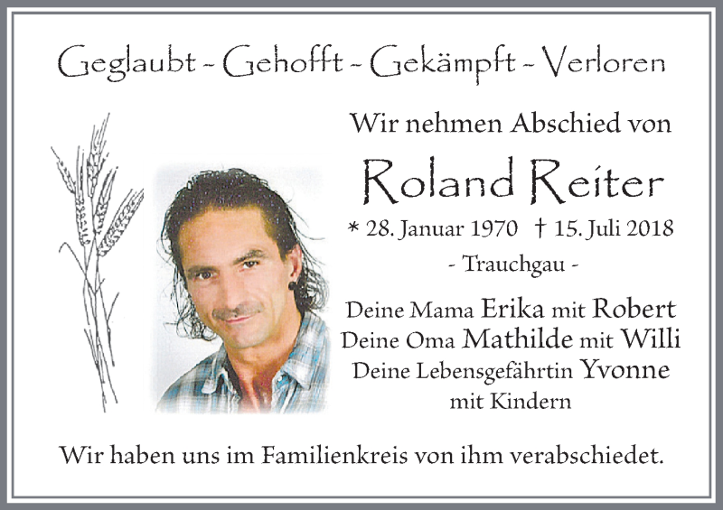  Traueranzeige für Roland Reiter vom 06.08.2018 aus Allgäuer Zeitung, Füssen