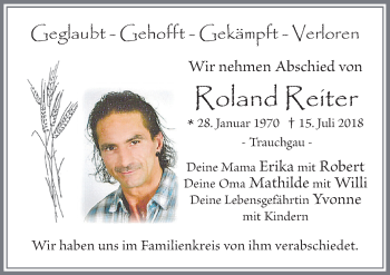 Traueranzeige von Roland Reiter von Allgäuer Zeitung, Füssen
