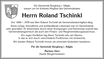 Traueranzeige von Roland Tschinkl von Allgäuer Anzeigeblatt