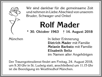 Traueranzeige von Rolf Mader von Allgäuer Anzeigeblatt