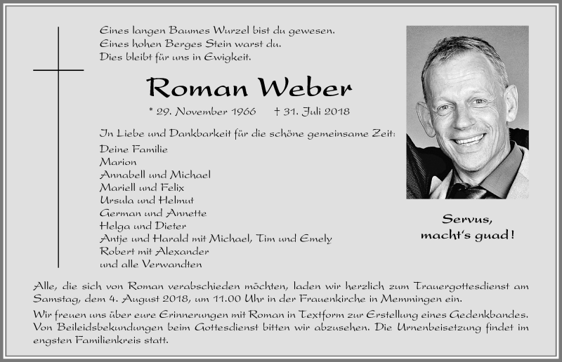  Traueranzeige für Roman Weber vom 02.08.2018 aus Memminger Zeitung