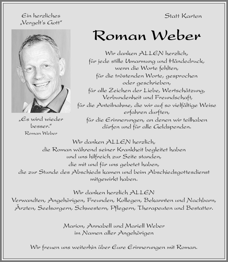  Traueranzeige für Roman Weber vom 11.08.2018 aus Memminger Zeitung