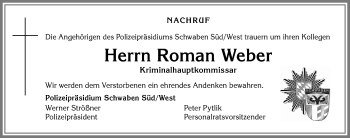 Traueranzeige von Roman Weber von Memminger Zeitung