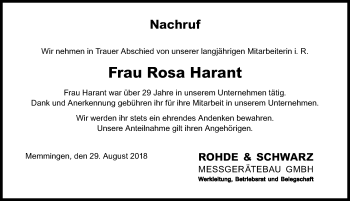 Traueranzeige von Rosa Harant von Memminger Zeitung
