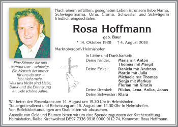 Traueranzeige von Rosa Hoffmann von Allgäuer Zeitung, Kaufbeuren/Buchloe