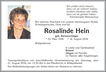Traueranzeige von Rosalinde Hein von Allgäuer Zeitung,Kempten