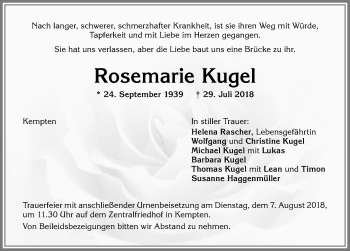 Traueranzeige von Rosemarie Kugel von Allgäuer Zeitung,Kempten