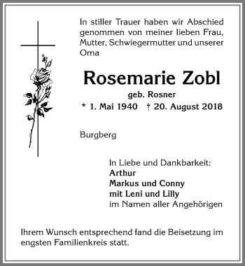 Traueranzeige von Rosemarie Zobl von Allgäuer Anzeigeblatt