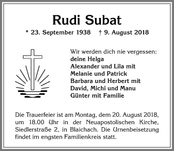 Traueranzeige von Rudi Subat von Allgäuer Anzeigeblatt