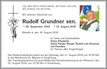 Traueranzeige von Rudolf Grundner von Allgäuer Anzeigeblatt