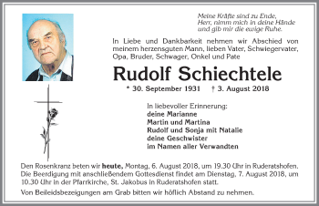 Traueranzeige von Rudolf Schiechtele von Allgäuer Zeitung, Marktoberdorf