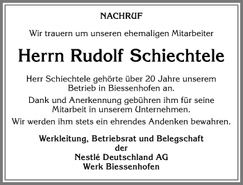 Traueranzeige von Rudolf Schiechtele von Allgäuer Zeitung