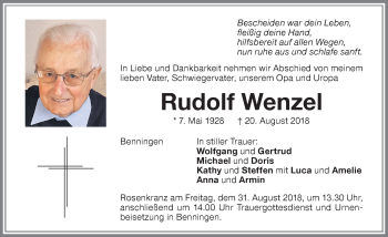Traueranzeige von Rudolf Wenzel von Memminger Zeitung