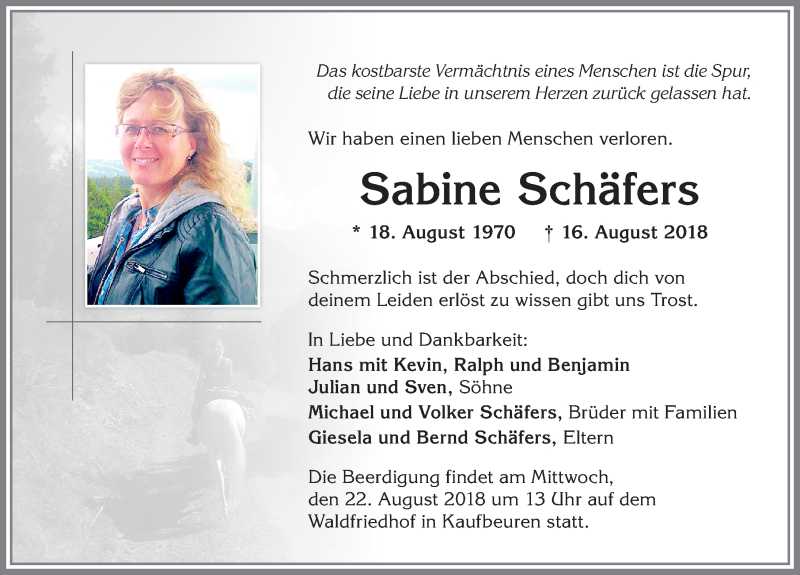  Traueranzeige für Sabine Schäfers vom 18.08.2018 aus Allgäuer Zeitung