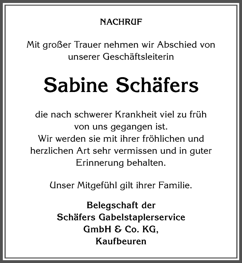  Traueranzeige für Sabine Schäfers vom 18.08.2018 aus Allgäuer Zeitung